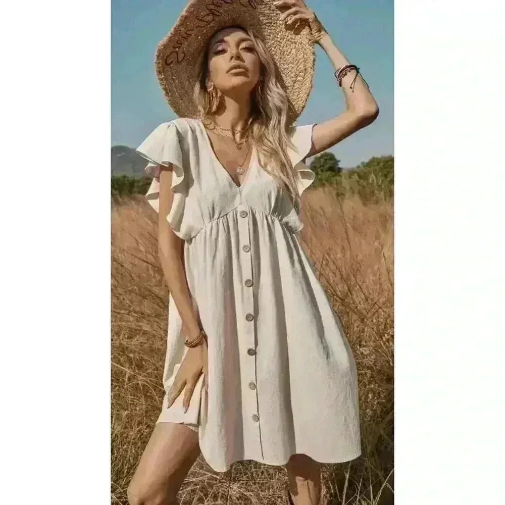 Shein Frenchy V-Neck Ruffle Sleeve Dress With Button Detail Size Large